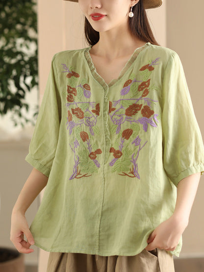 Women Summer Vintage Flower Embroidery Lace Ramie Shirt FD044 CTJY