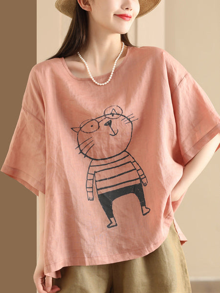 Women Summer Cartoon Cat Print Ramie Pullover Shirt OO1034 BUYKUD
