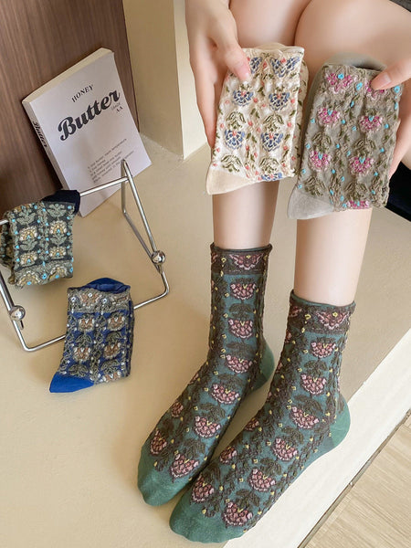 5 Pairs Women Artsy Floral Jacquard Cotton Socks AS1030 BUYKUD