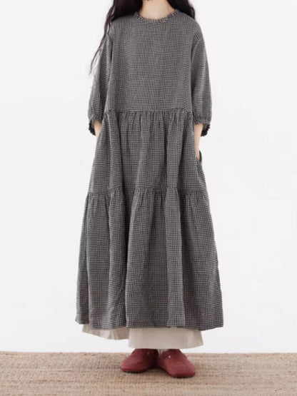 Plus Size Women Artsy Plaid Spliced 100%Cotton Tiered Dress SC1064 Ada Fashion