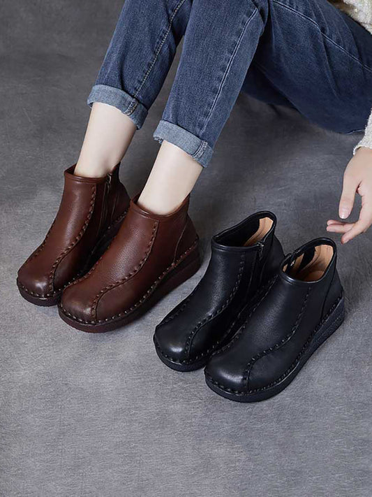 Women Retro Soft Leather Spliced Fleece-lined Mid-Heel Boots AH1081 YYDS