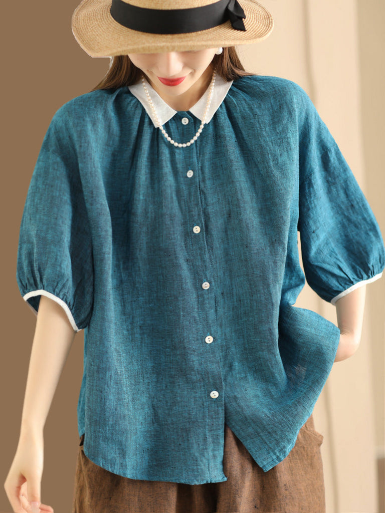 Women Summer Artsy Colorblock Button-up Linen Shirt XX1009 Ada Fashion