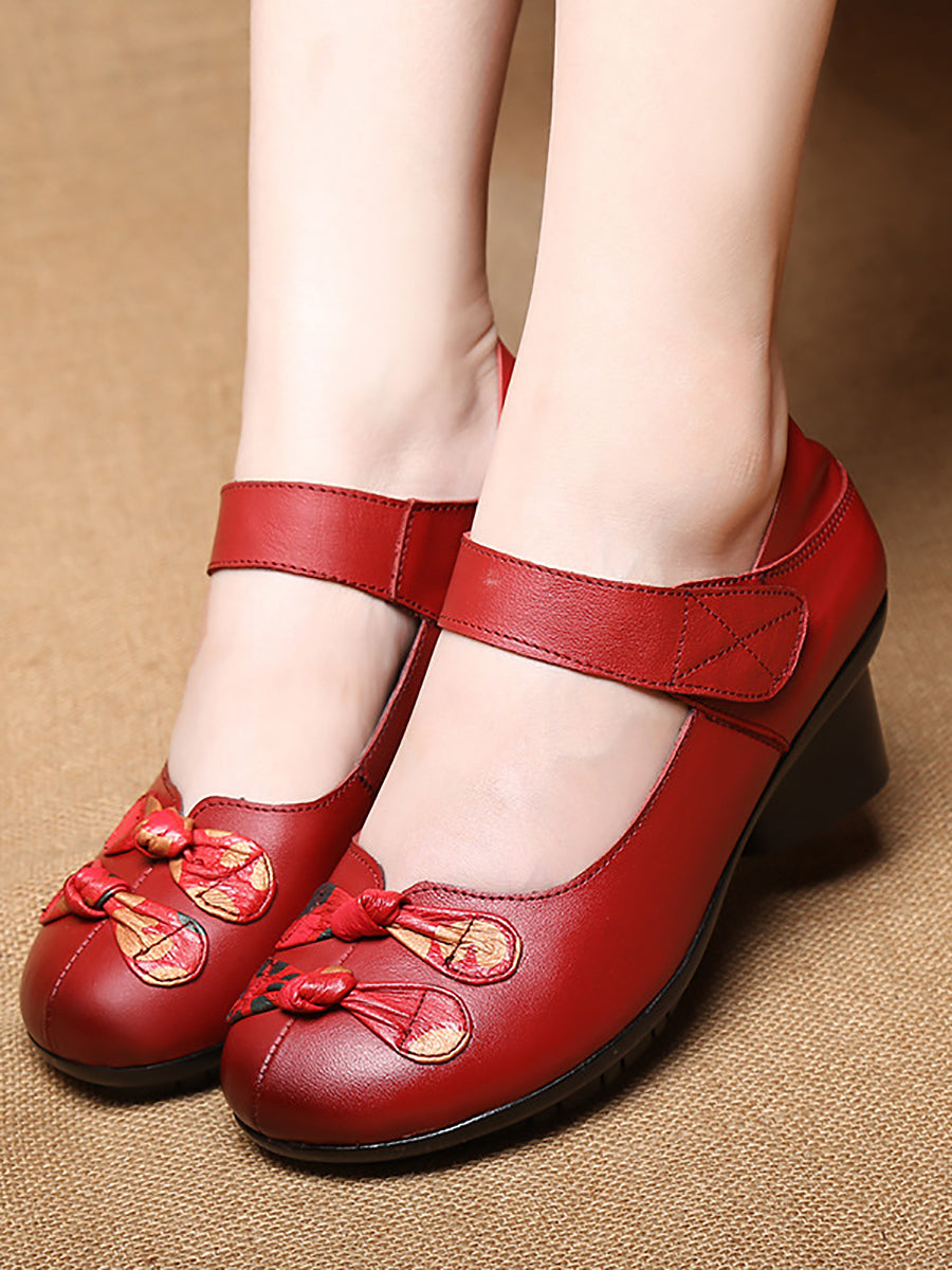 Women Summer Vintage Leather Spliced Mid-Heel Shoes II1014 TOYA