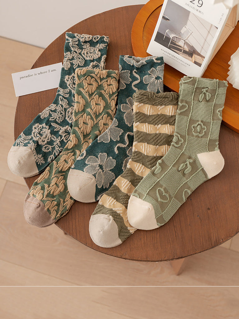 5 Pairs Women Artsy Flower Jacquard Cotton Socks AT1035 BUYKUD