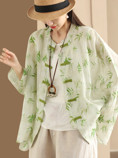 Women Summer Artsy Flower Button-Up Ramie Shirt HH016 ZMMM