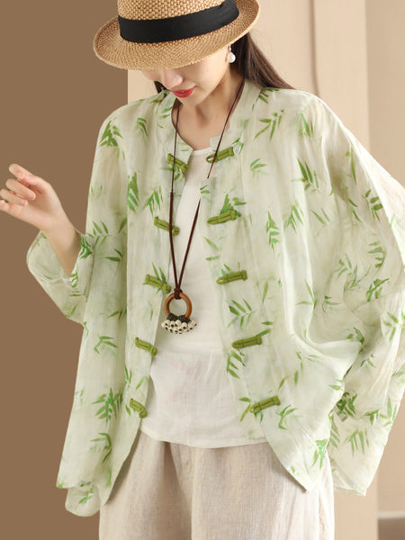 Women Summer Artsy Flower Button-Up Ramie Shirt HH016 ZMMM