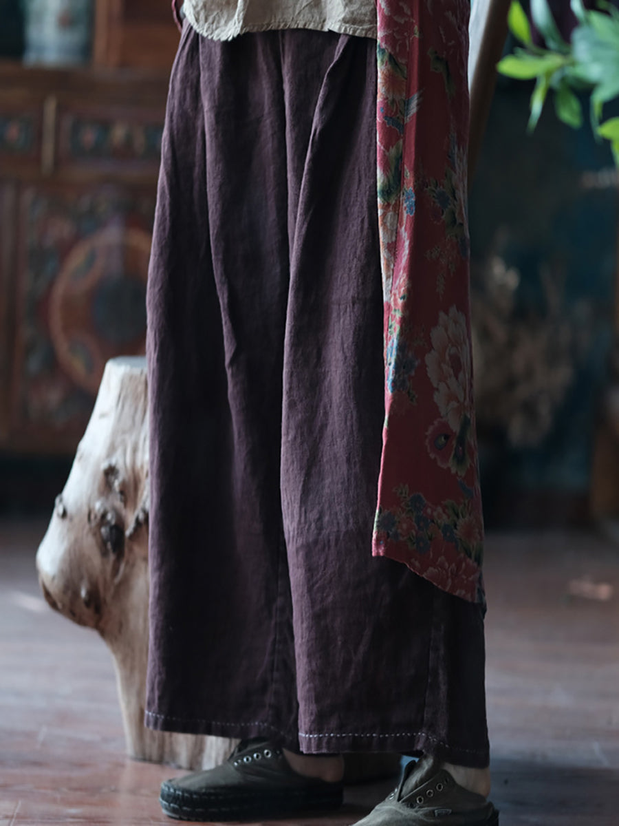 Women Summer Retro Solid Linen Wide-leg Pants XX1054 Ada Fashion