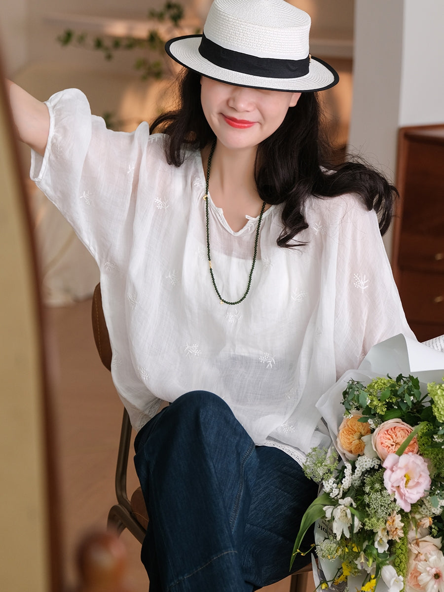 Plus Size Women Summer Embroidery Thin Ramie Shirt XX1030 Ada Fashion