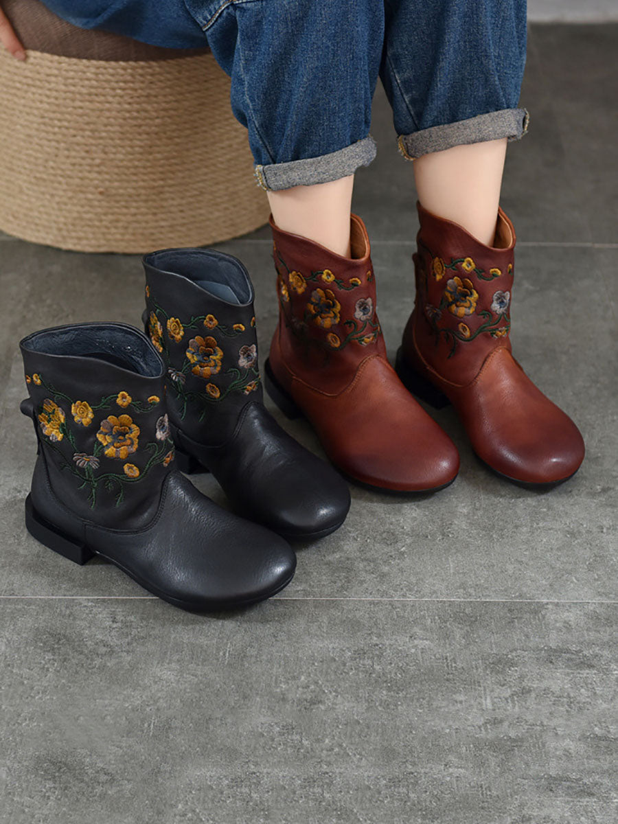 Women Vintage Flower Embroidery Leather Low Heel Boots AX1050 Genistyle Shop