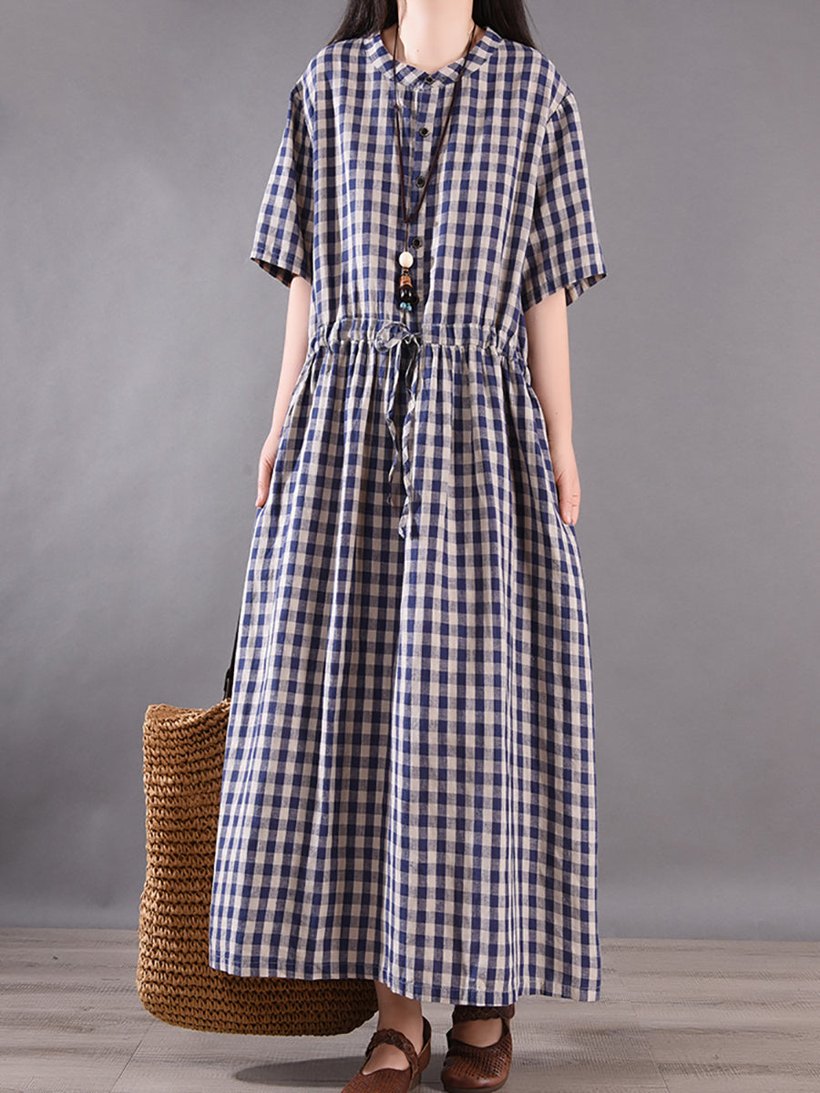 Women Summer Vintage Plaid Strap Linen Cotton Dress CV1036 Ada Fashion