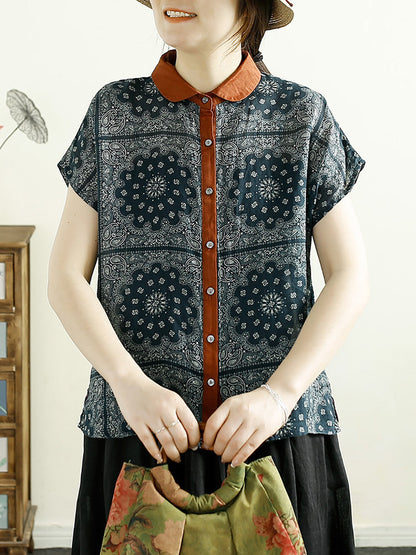 Women Summer Vintage Flower Button-up Ramie Shirt CV1054 Ada Fashion