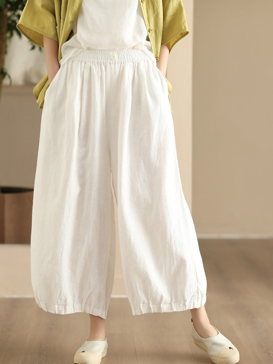 Women Summer Vintage Solid Linen Wide-leg Pants FD038 ZMMM