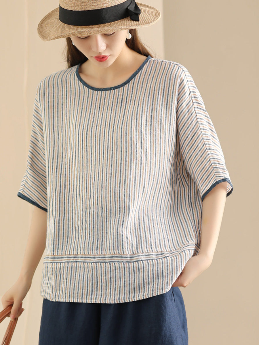 Women Summer Vintage Stripe Spliced Linen Shirt CV1052 Ada Fashion