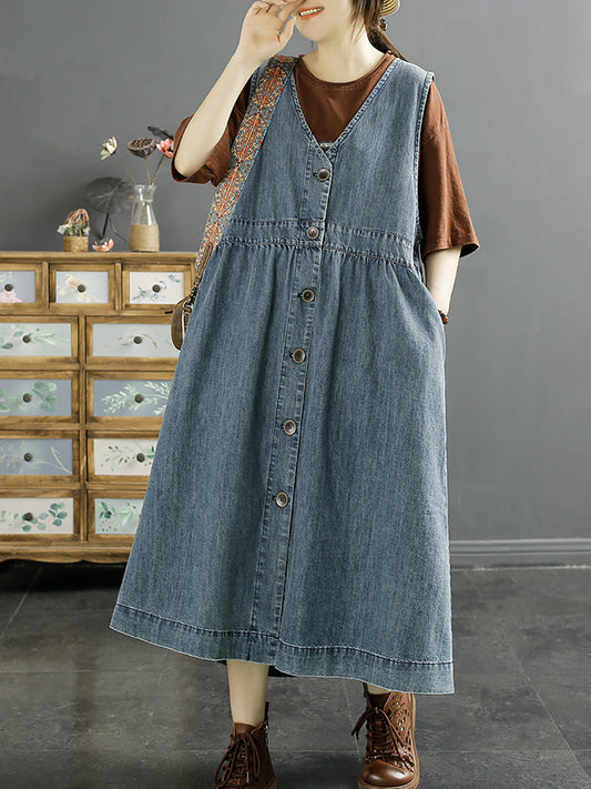 Women Casual Cotton Button-Up Spring Denim Vest Dress SC1044 Ada Fashion