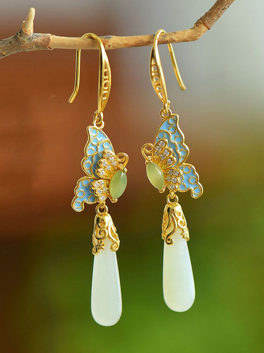 Butterfly Ethnic Enamel Earrings Women Jade S925Silver FashionChic