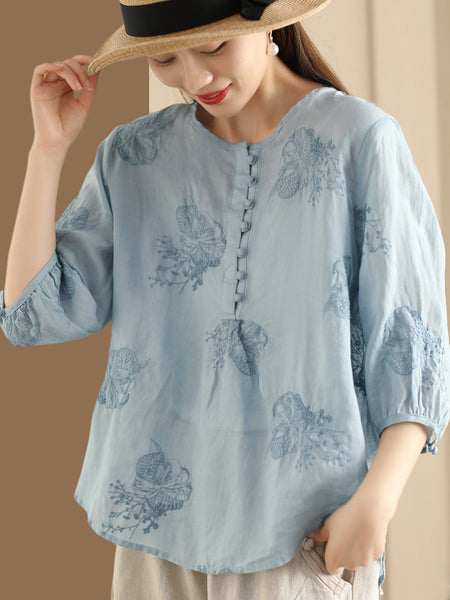 Women Summer Artsy Embroidery Ramie Shirt TY1020 Ada Fashion