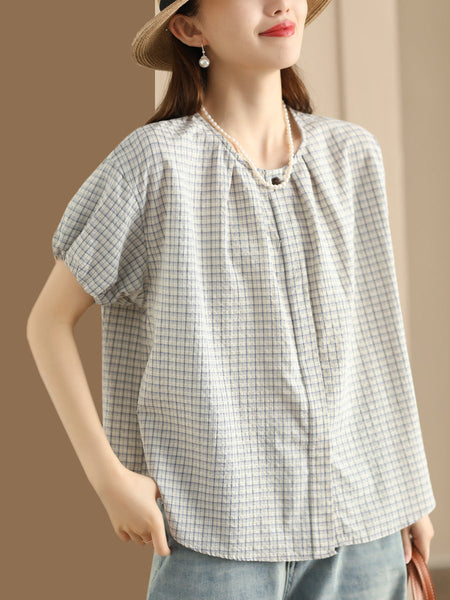 Women Summer Artsy Plaid Loose Cotton Shirt CV1007 Ada Fashion