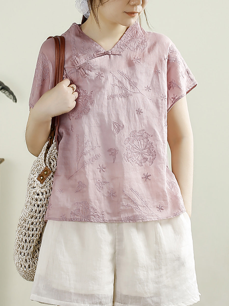 Women Summer Ethnic Flower Embroidery V-Neck Ramie Shirt CX029 LPP