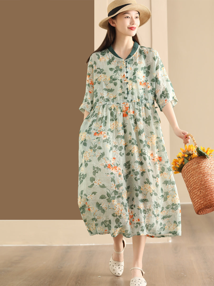 Women Summer Flower Stand Collar Ramie Dress OO1046 LPP