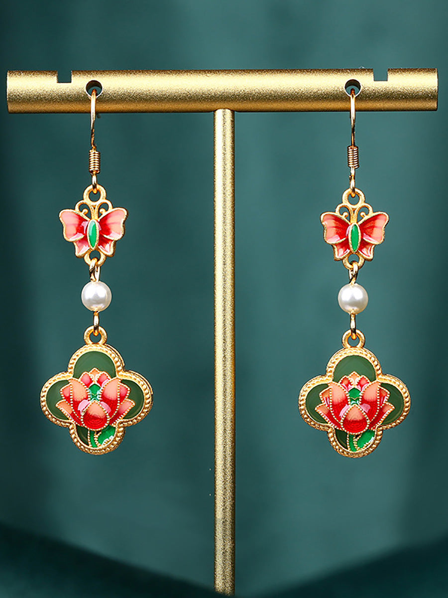 Women Vintage Enamel Flower Butterfly Pearl Earrings AH1086 BUYKUD