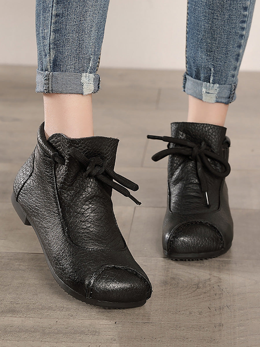 Women Retro Soft Leather Spliced Strap Low Heel Boots AX1009 Genistyle Shop