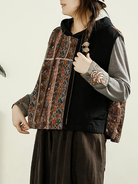 Women Autumn Vintage Flower Spliced Hooded Cotton Vest AI1037 BUYKUD