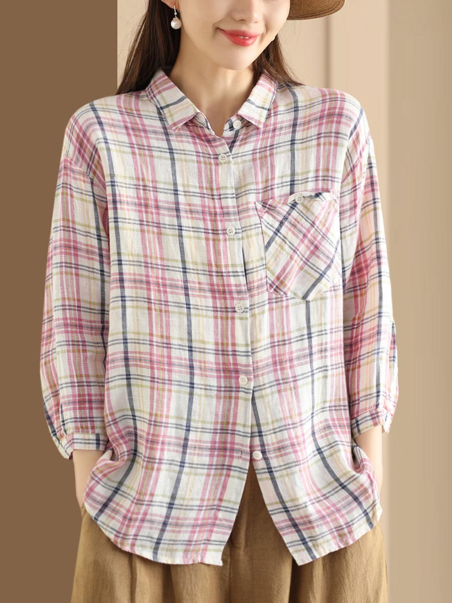 Women Vintage Plaid Summer Ramie Button-up Shirt SC1016 Ada Fashion