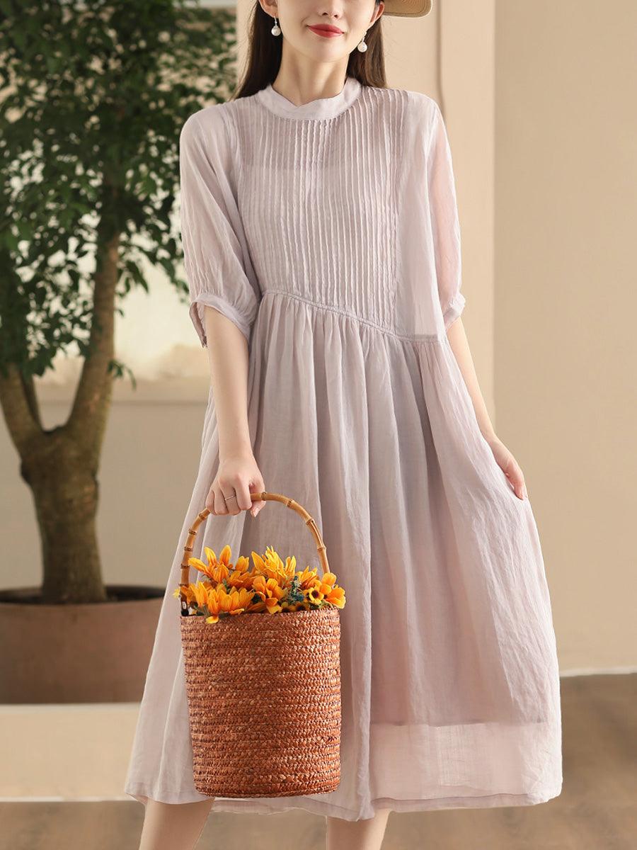 Women Summer Artsy Shirred Solid Ramie Dress CX003 BUYKUD