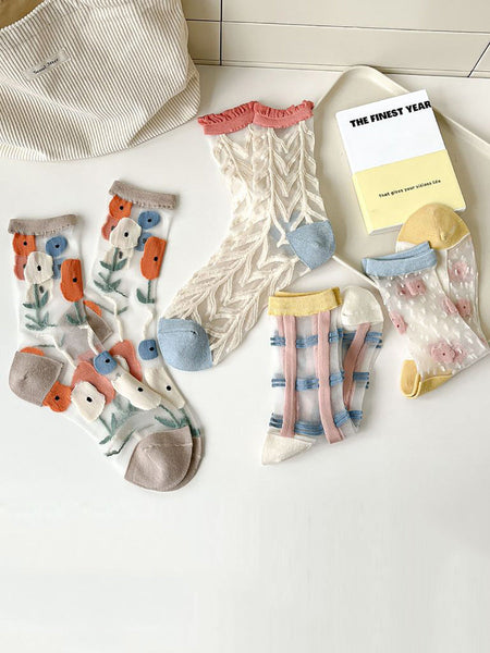 5 Pairs Women Artsy Summer Flower Jacquard Thin Socks CX040 BUYKUD