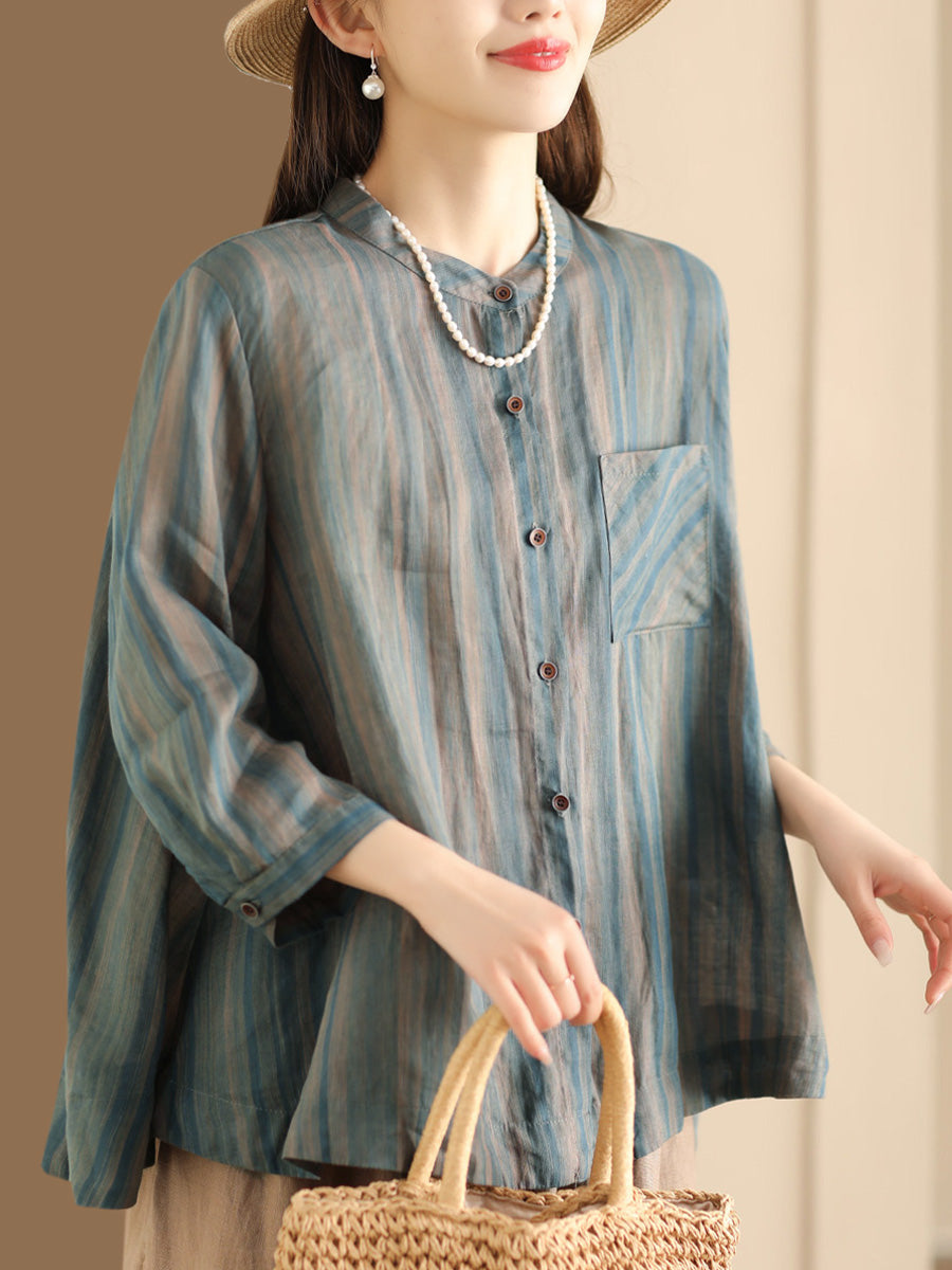 Women Spring Vintage Stripe Button-Up Blouse CO1007 Ada Fashion