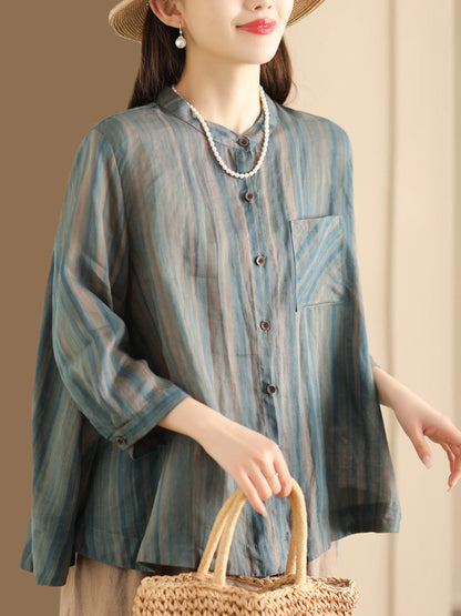 Women Spring Vintage Stripe Button-Up Blouse CO1007 Ada Fashion