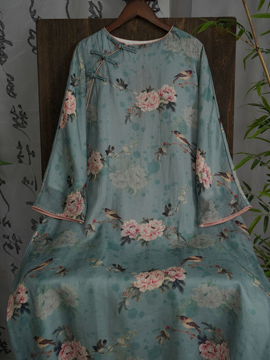 Women Autumn Vintage Flower Ramie Blue  Robe Dress AX1004 Genistyle Shop