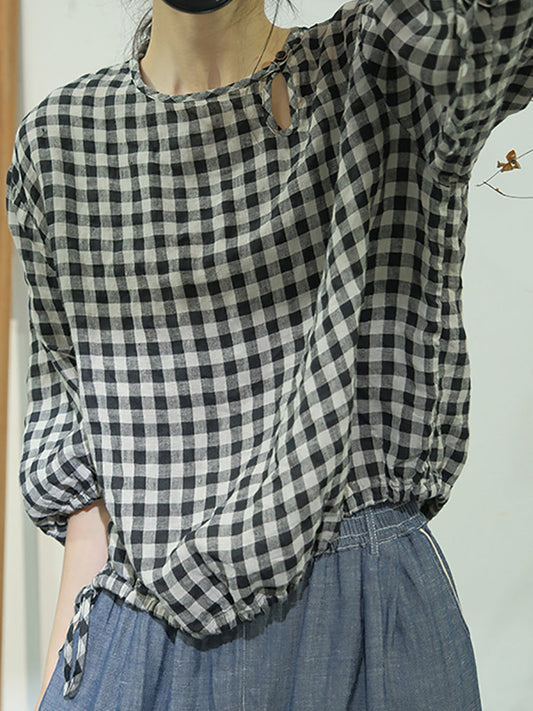 Women Summer Casual Plaid Linen Strap Shirt AS1064 Ada Fashion