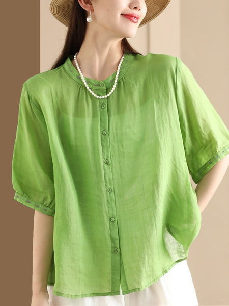 Women Summer O-Neck Embroidery Button-up Ramie Shirt PP1035 BUYKUD