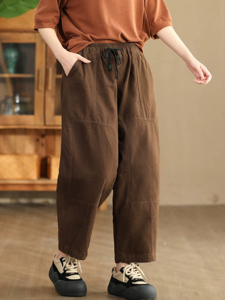 Women Autumn Vintage Solid Spliced Pocket Harem Pants AI1030 BUYKUD