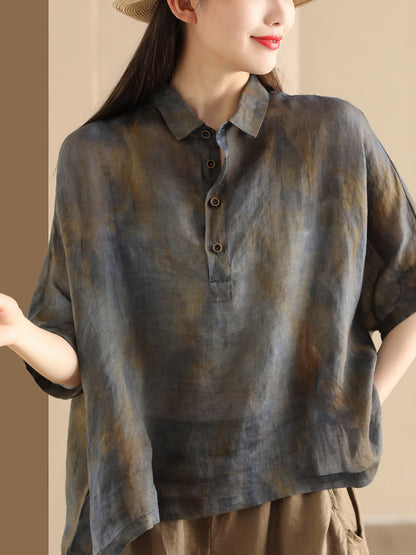 Women Summer Vintage Tie-dye POLO Ramie Shirt OO1045 LPP