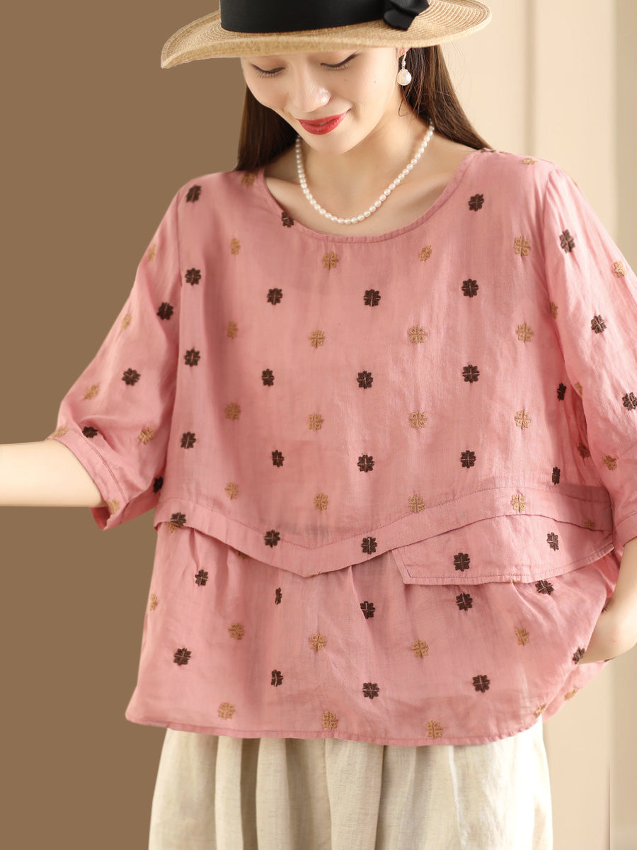 Women Summer Embroidery Spliced Ramie Loose Shirt XX1046 Ada Fashion