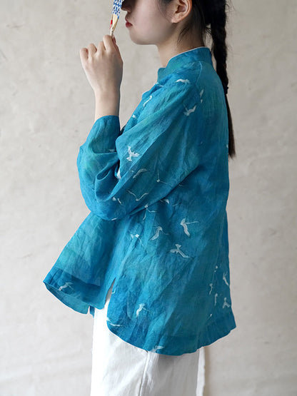 Women Ethnic Crane Spring Linen Shirt QW1004 Ada Fashion