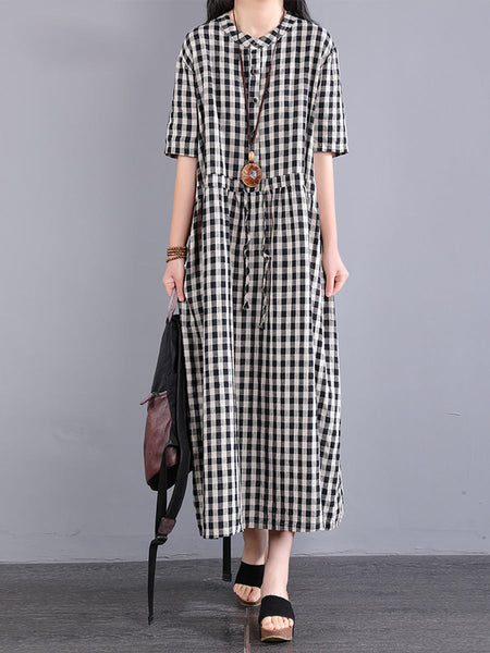 Plus Size Women Casual Plaid Summer Cotton Linen Dress SC1061 Ada Fashion