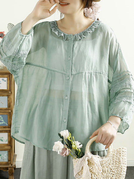 Women Artsy Solid Lacework Button-up Ramie Shirt HH043 MZS