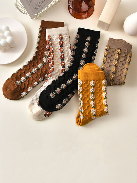 5 Pairs Women Autumn Artsy Flower Jacquard Socks RR013 BUYKUD