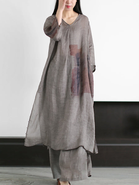 Plus Size Women Vintage Print 100%Ramie Long Shirt+Pants ZZ1056 Ada Fashion