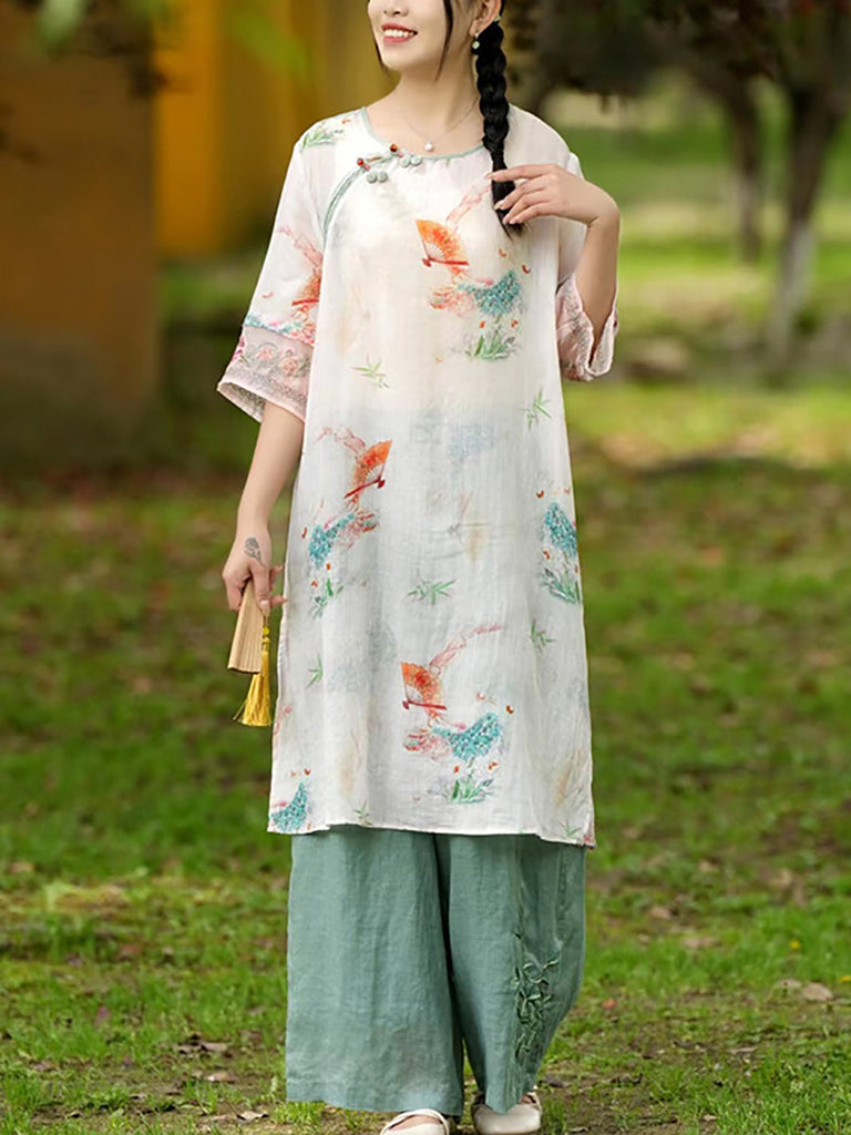 Women Summer Ethnic Print Loose Ramie Long Shirt AS1026 Ada Fashion