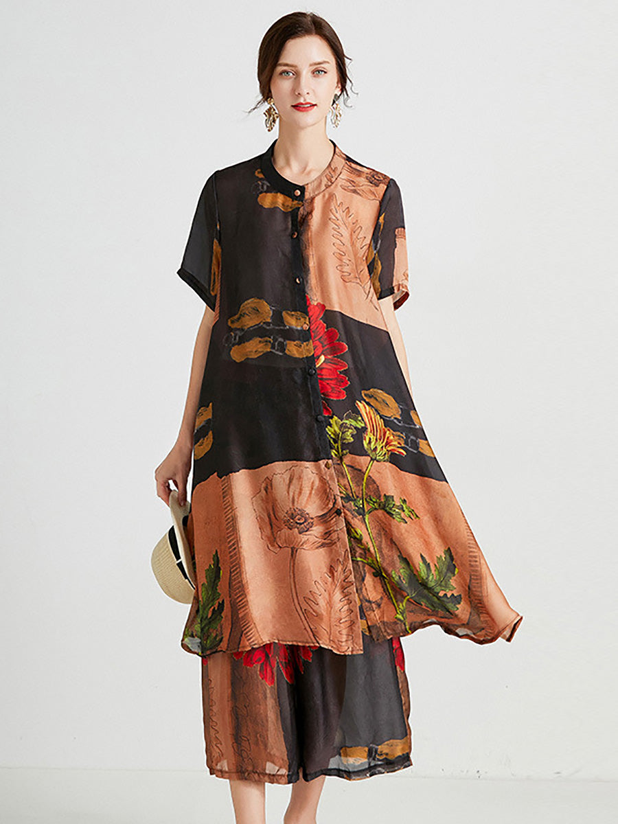 Plus Size Women Artsy Flower Spliced Long Shirt+Pants HH053 BK