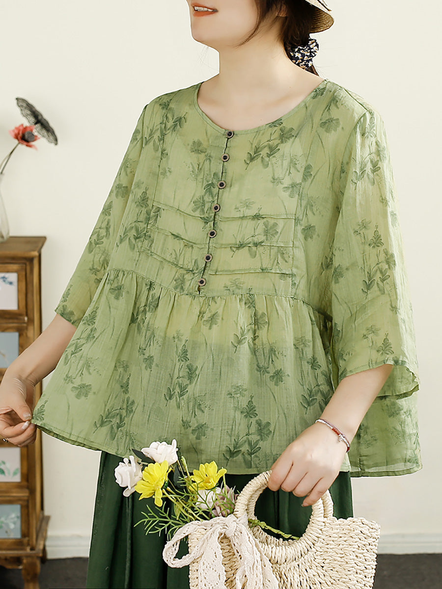 Women Summer Artsy Floral Button Spliced O-Neck Ramie Shirt HH003 BUYKUD