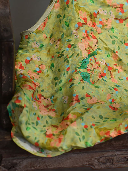 Women Prairie Chic Floral Drawstring Ramie Vest HH001 QYMM