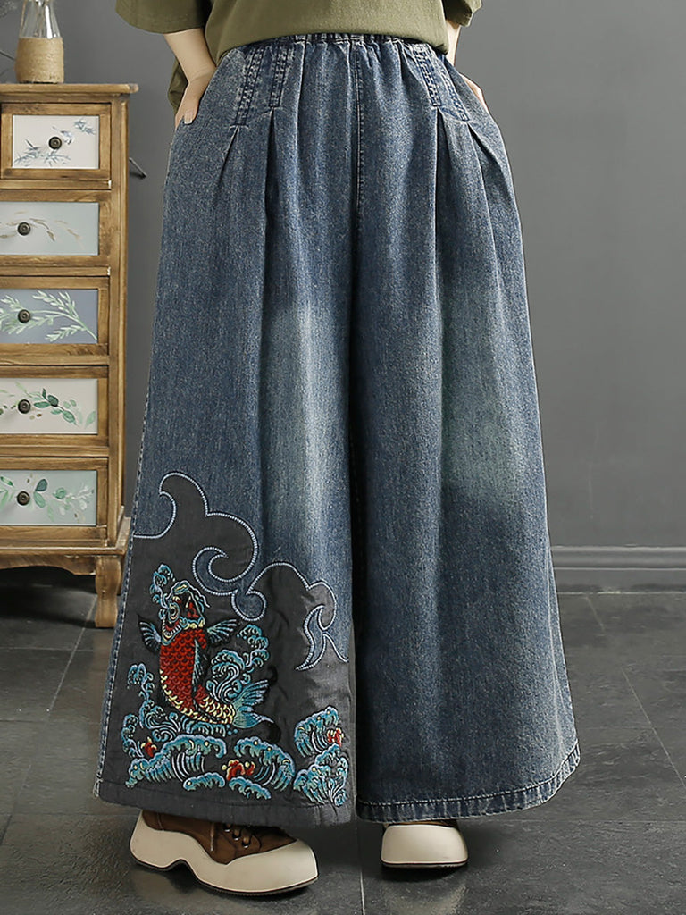 Women Summer Vintage Koi Embroidery Wide-leg Denim Pants CO1049 Ada Fashion