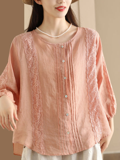 Women Summer Artsy Lace Spliced Ramie Button-Up Shirt II1020 GLL