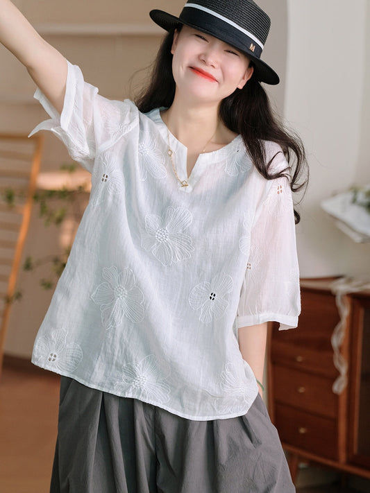 Women Summer Artsy Flower Embroidery Ramie Shirt TY1036 Ada Fashion