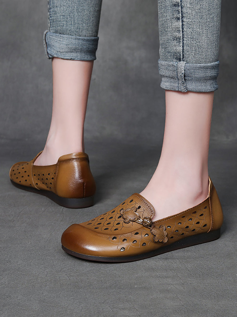 Women Summer Vintage Solid Leather Cutout Flat Shoes FG1004 Ada Fashion